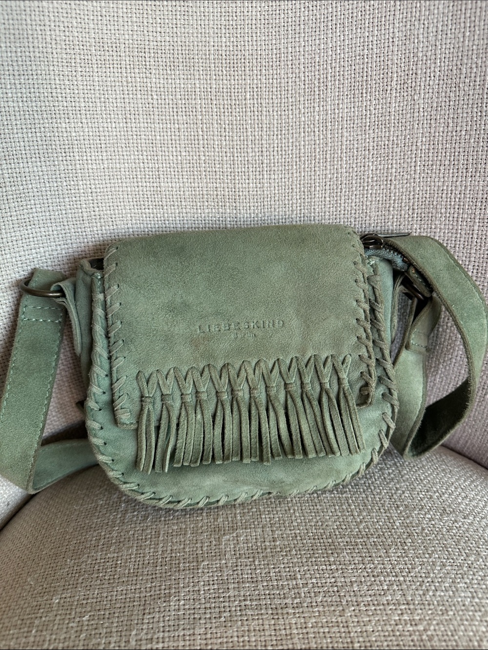 Liebeskind Lennja Sage Suede Fringe Mini Crossbody Saddle Bag